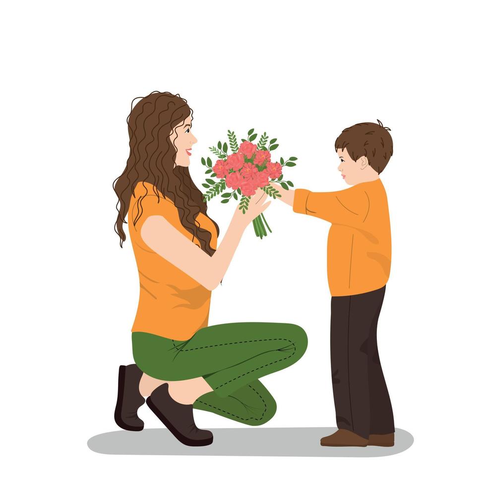 Son gives flowers to mother vector