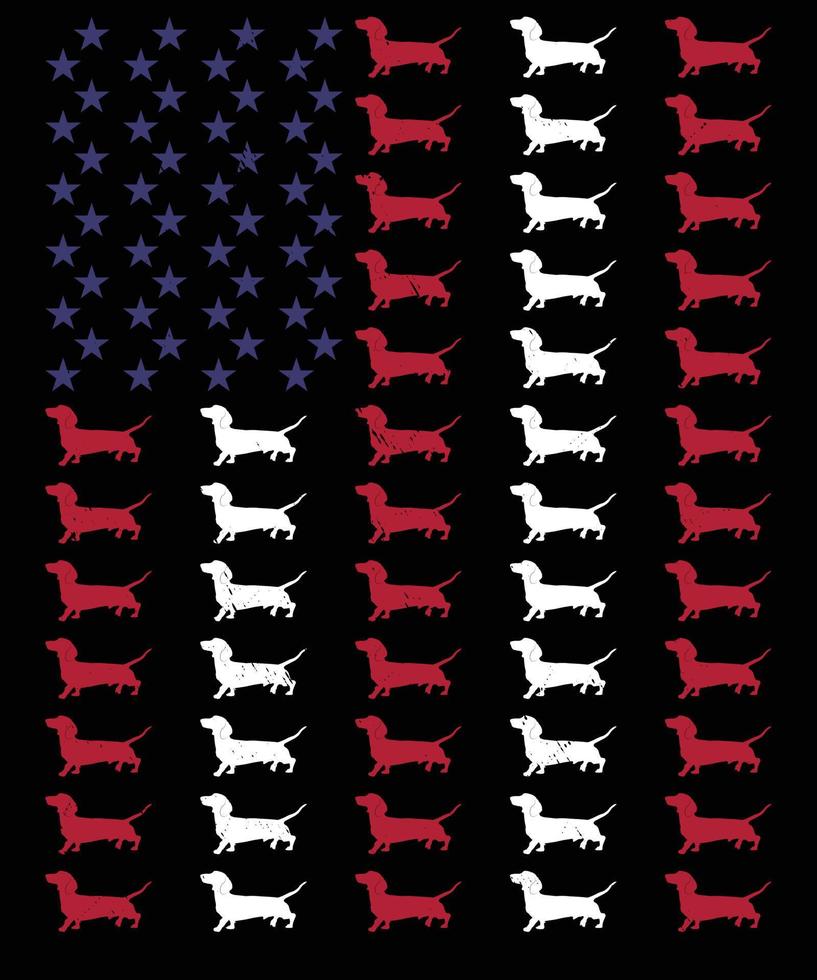 Dachshund with Dachshund with American flag T-Shirt design template, Car Window Sticker, POD, cover, Isolated Black Background vector