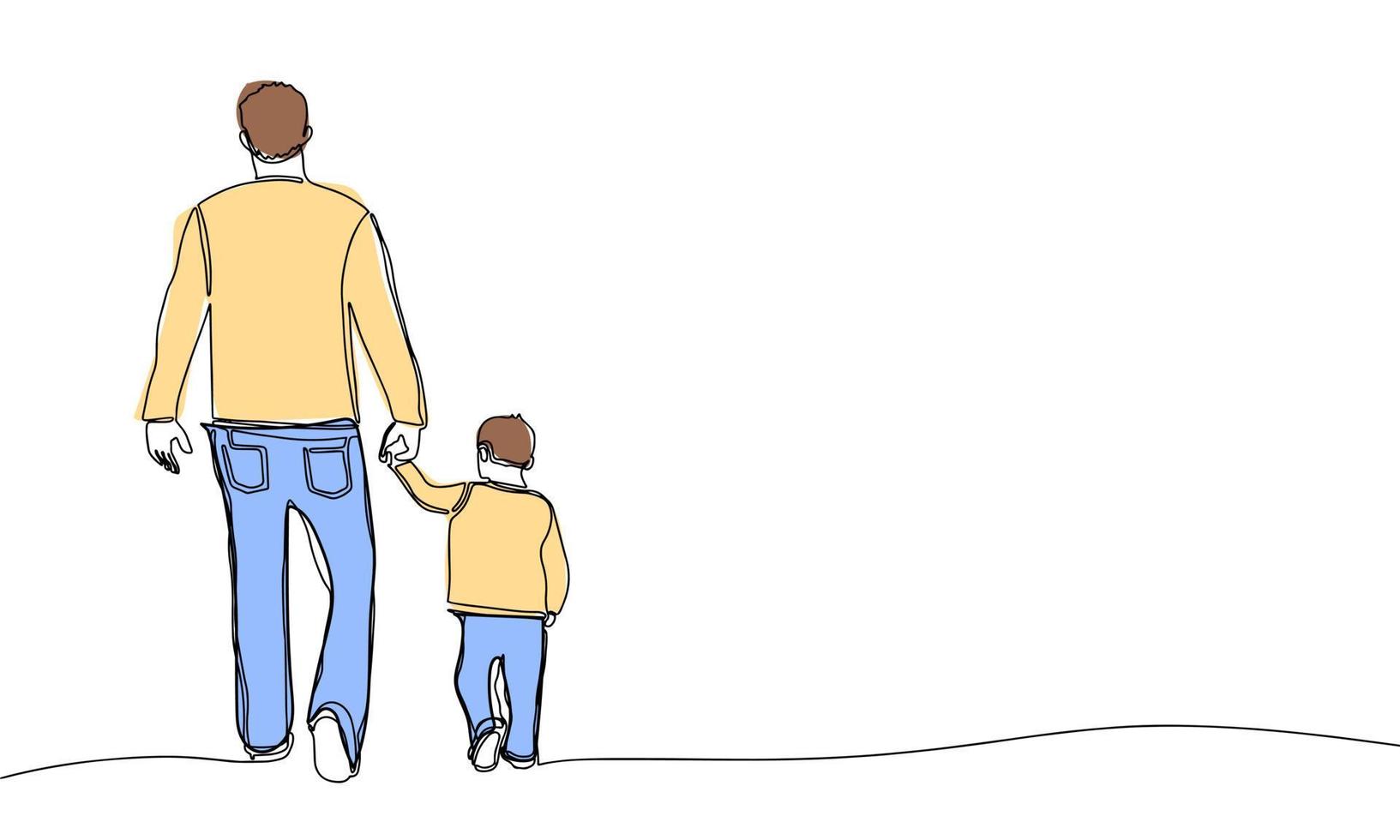 padre y hijo atrás. línea Arte con color, uno línea continuo, describir. vector ilustración