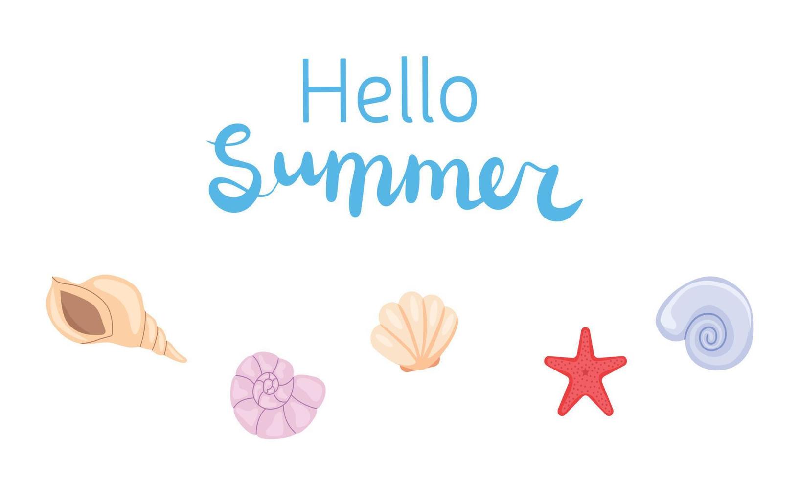 A white background with shell and the words hello summer written in blue. Minimal summer banner. Vector illustration.