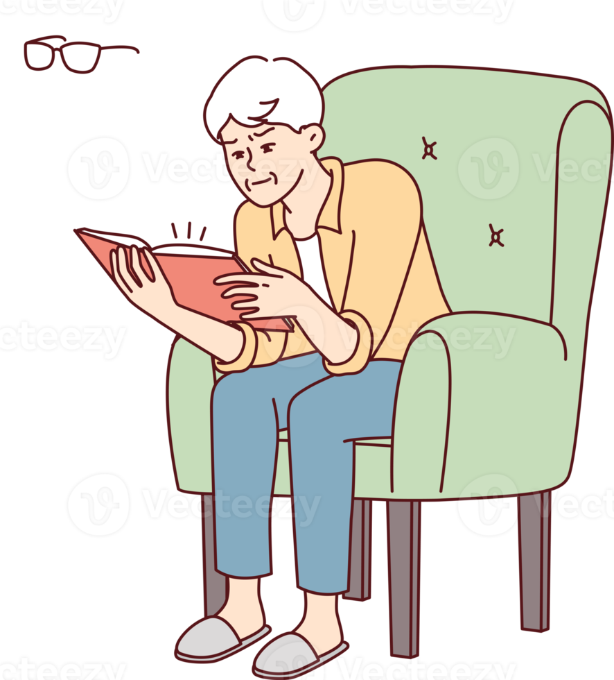 Elderly man sits in chair reading book thinks about need to buy glasses to vision png