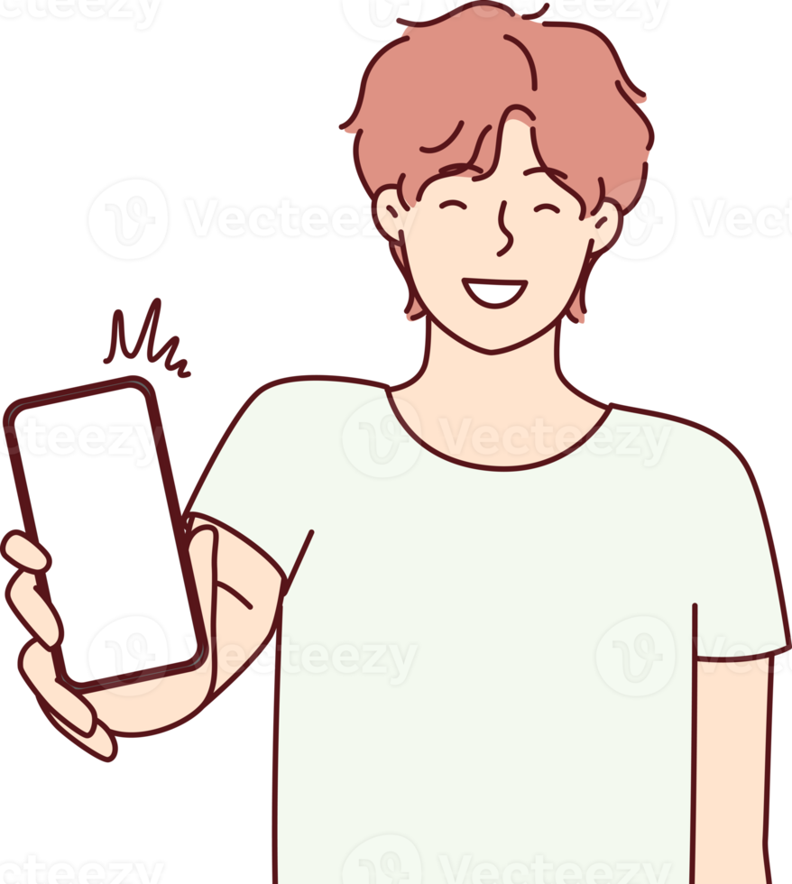 Happy man showing smartphone screen and smiling to recommend cool applications png