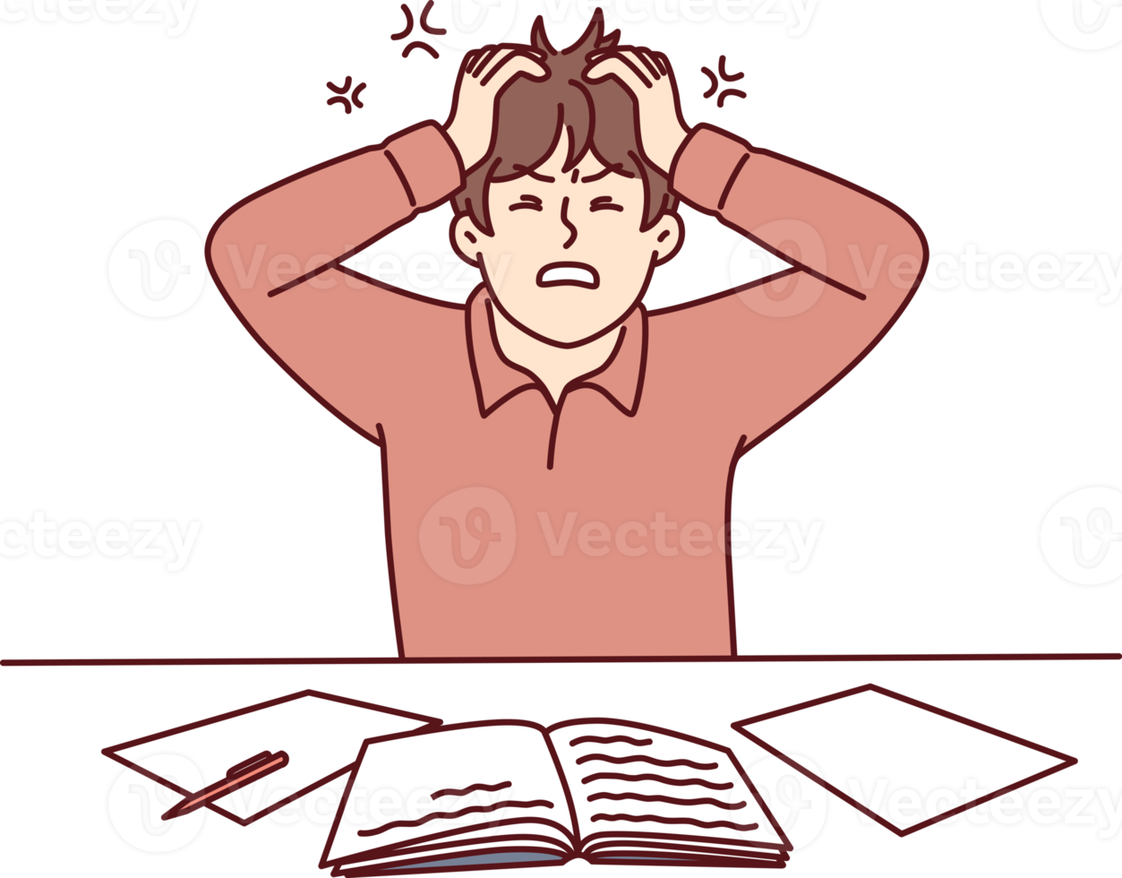 Angry man clutching head sitting at table with workbooks suffering from nervous work png