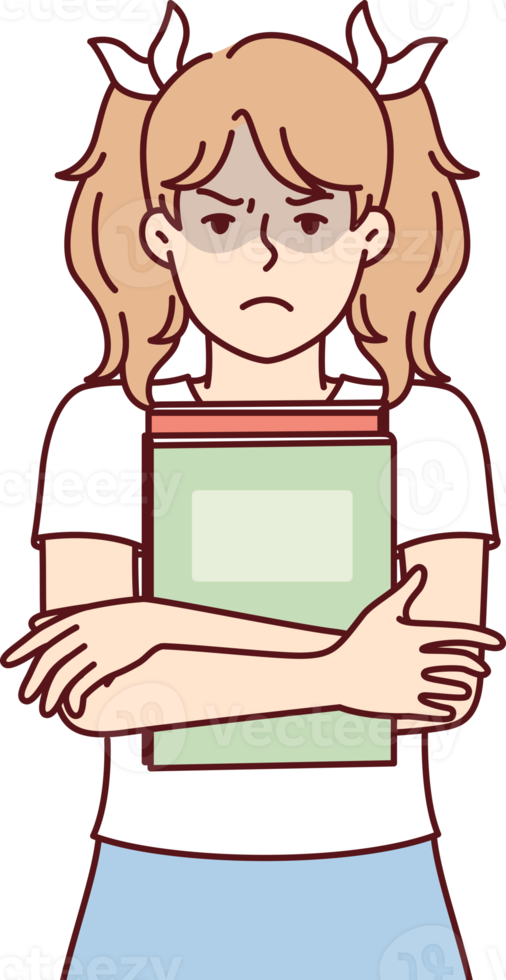 Schoolgirl with pigtails stands clutching books to chest and looking at camera png