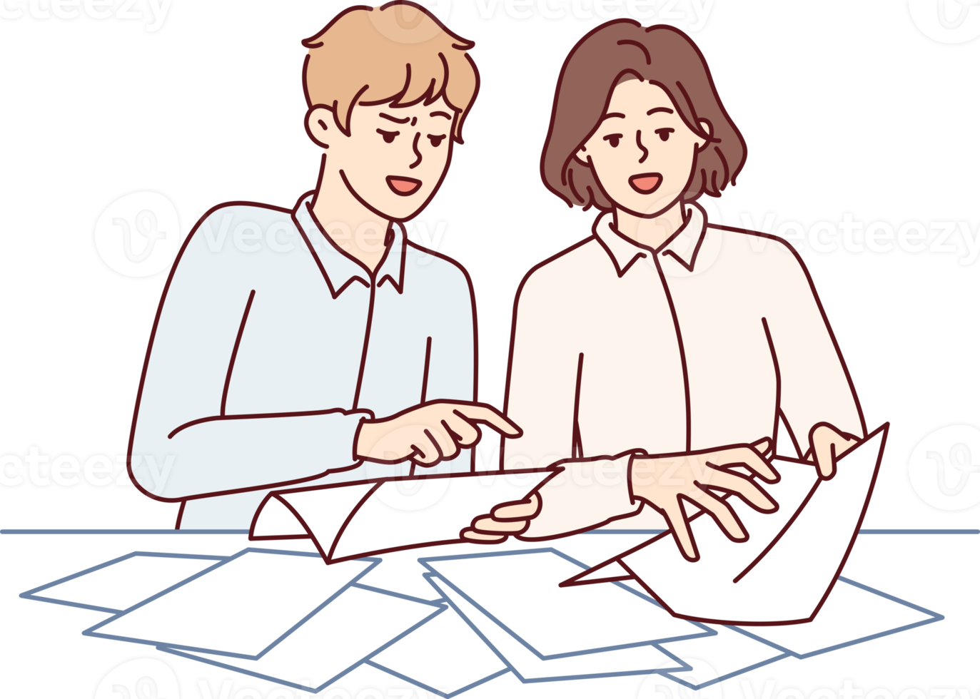 man och kvinna är stående nära skrivbord sortering genom företag dokument och beskatta lägga märke till png