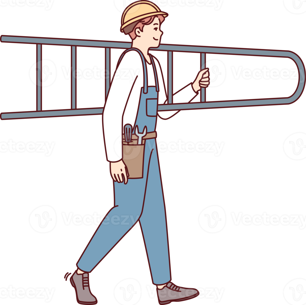 homme constructeur ou professionnel dépanneur dans salopette porte escabeau sur épaule png