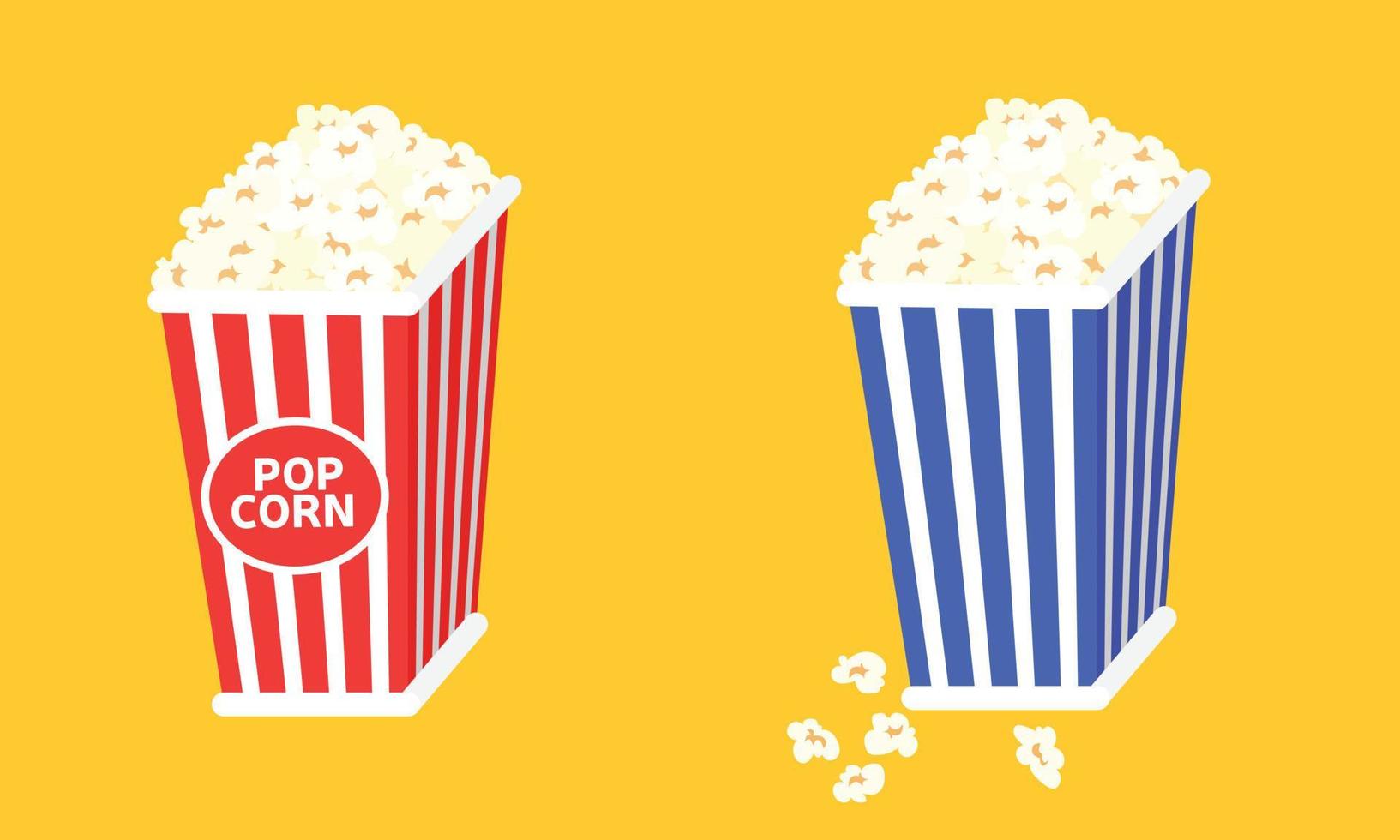 Two popcorn boxes with the word popcorn on them. Blue and red packs of popcorn. Vector illustration.