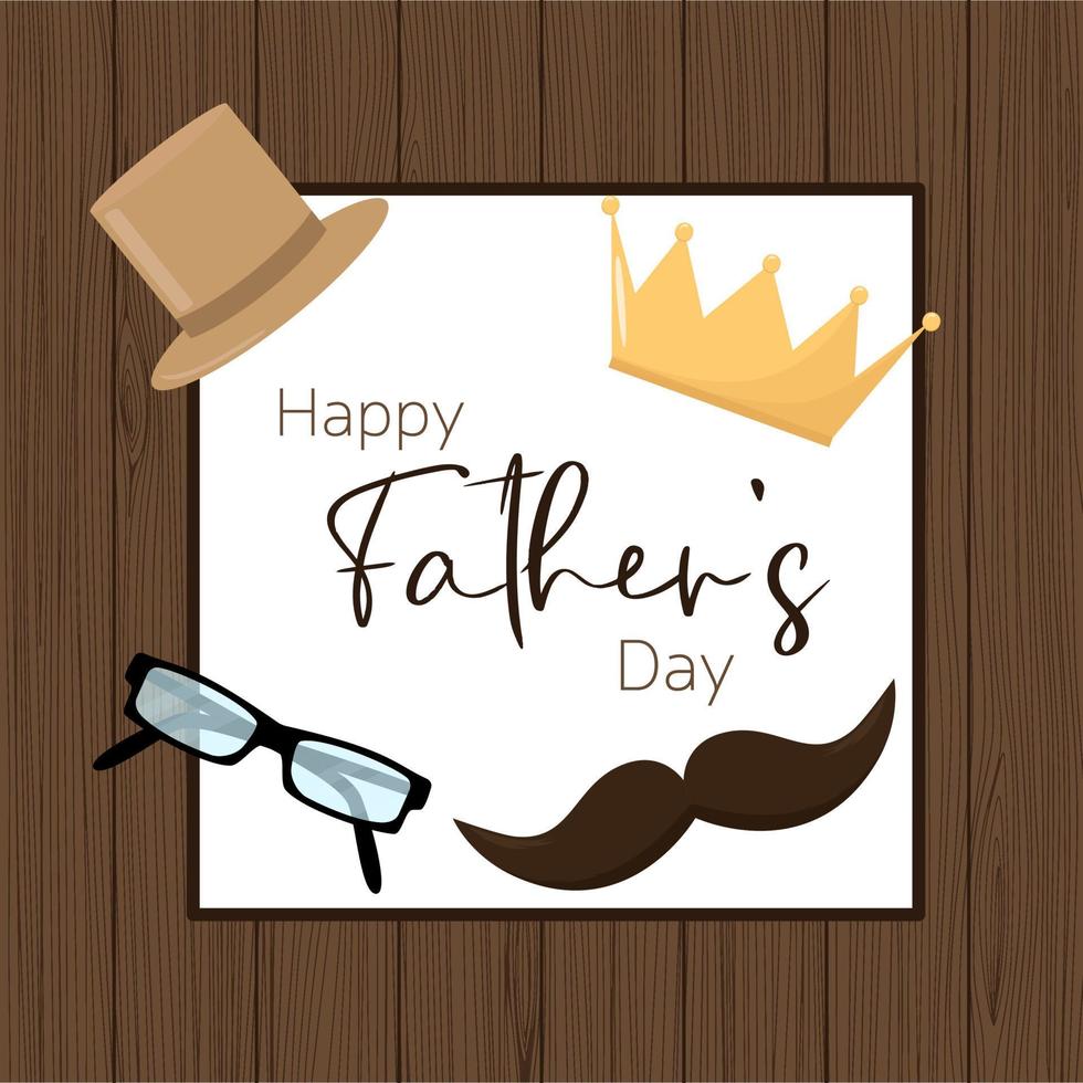 Card for Father's Day with men symbols. Square  with crown, mustache, hat and glasses. Vector illustraiton.