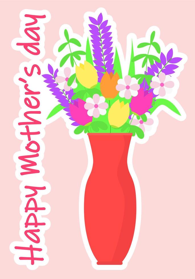 A bouquet of flowers is in a red vase with the words happy mothers's. vector