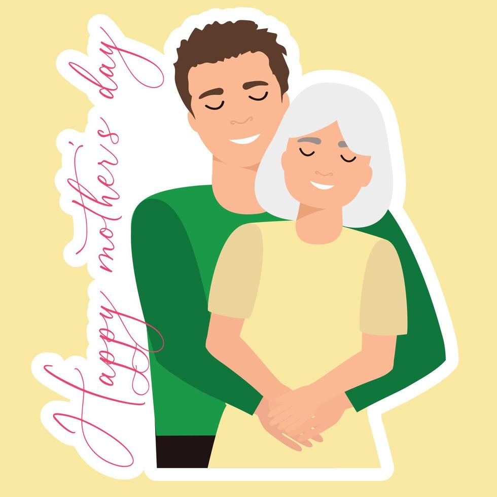 Man is hugging his mother. Mom and son hug each other. Vector illustration.