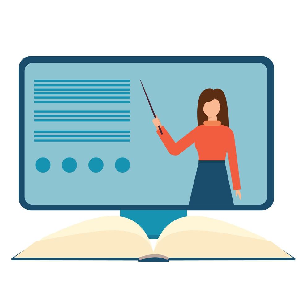 Online education conception. Teacher to monitor and open book. Vector illustration.