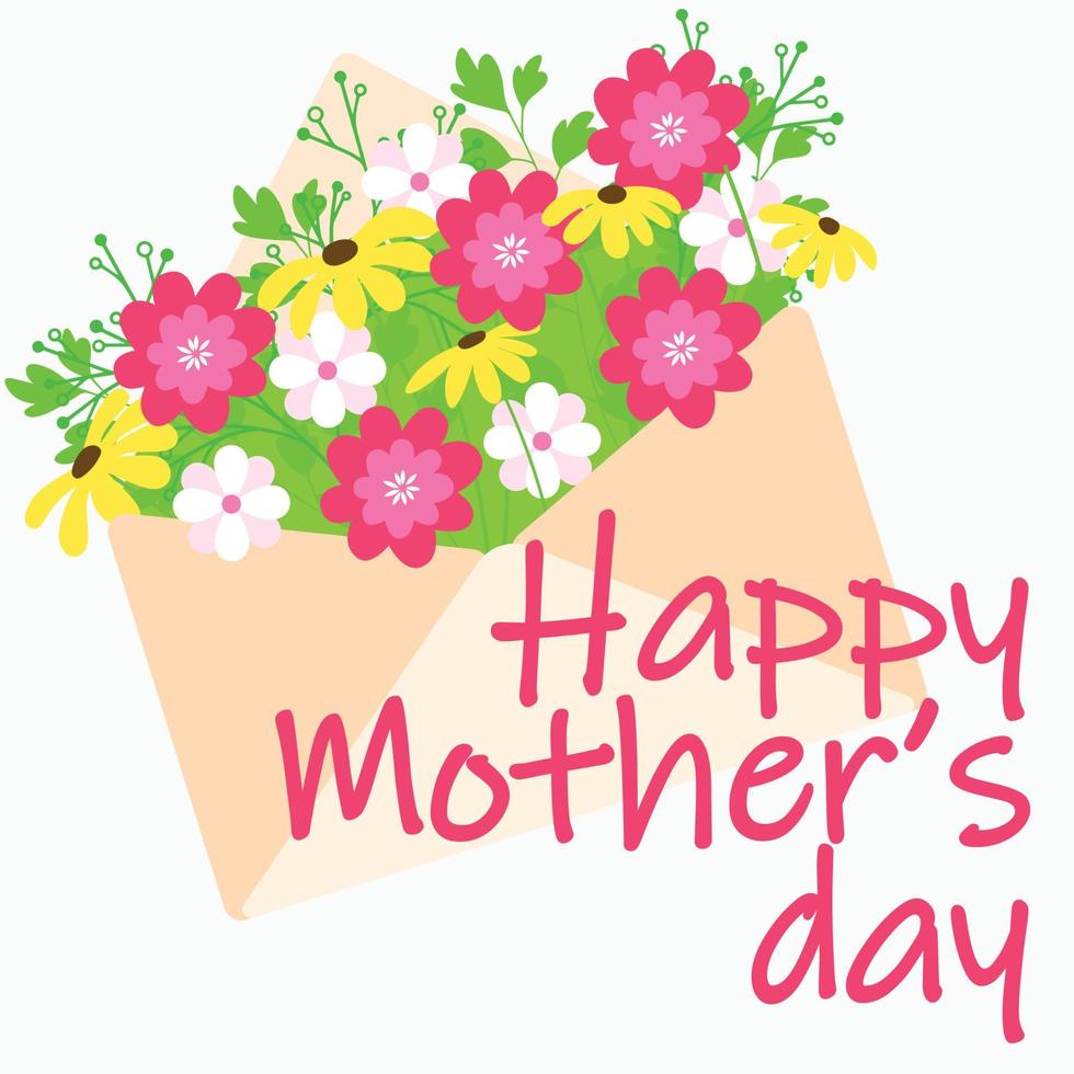 Flowers in envelope. Happy Mother's Day square banner. Vector illustration.