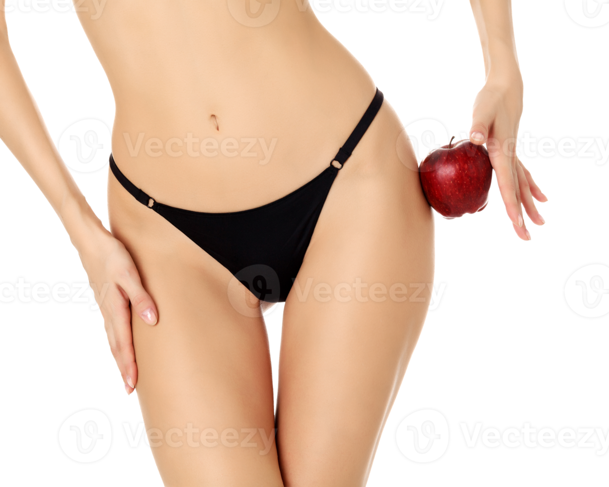 mujer con rojo manzana, de cerca. dieta concepto png