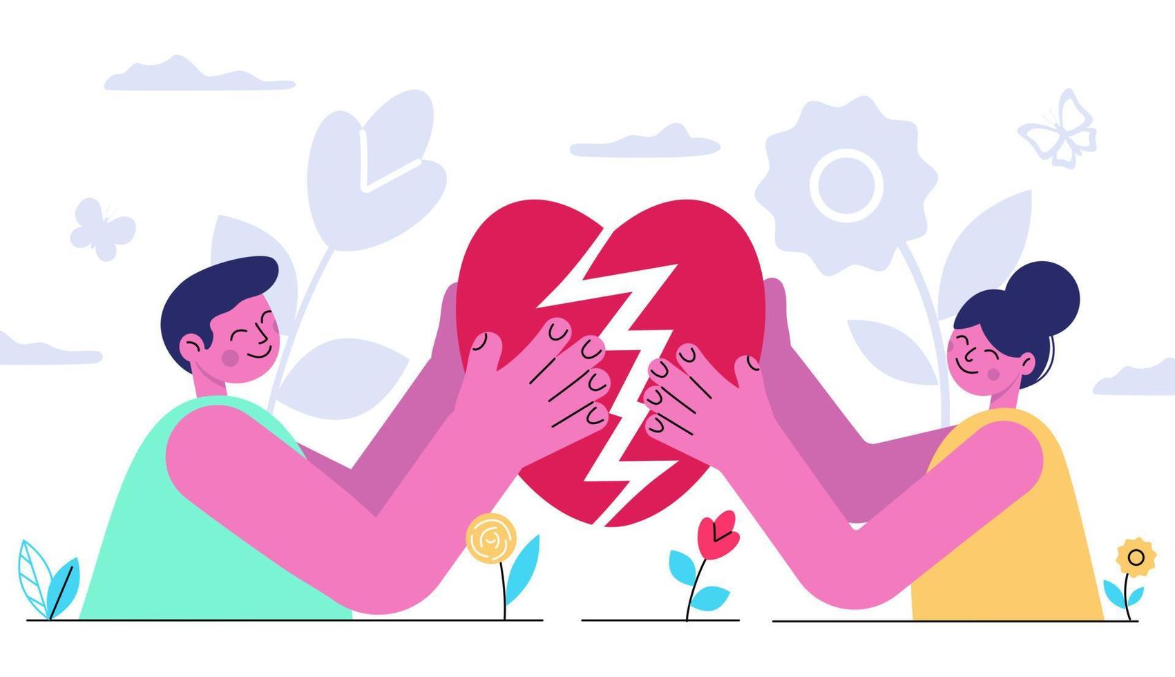 Reconciliation concept. Red broken heart in hands men and women. Restore love. Hyperbolized characters. Trending style. Psychology of relationships. Family preservation. Vector illustration