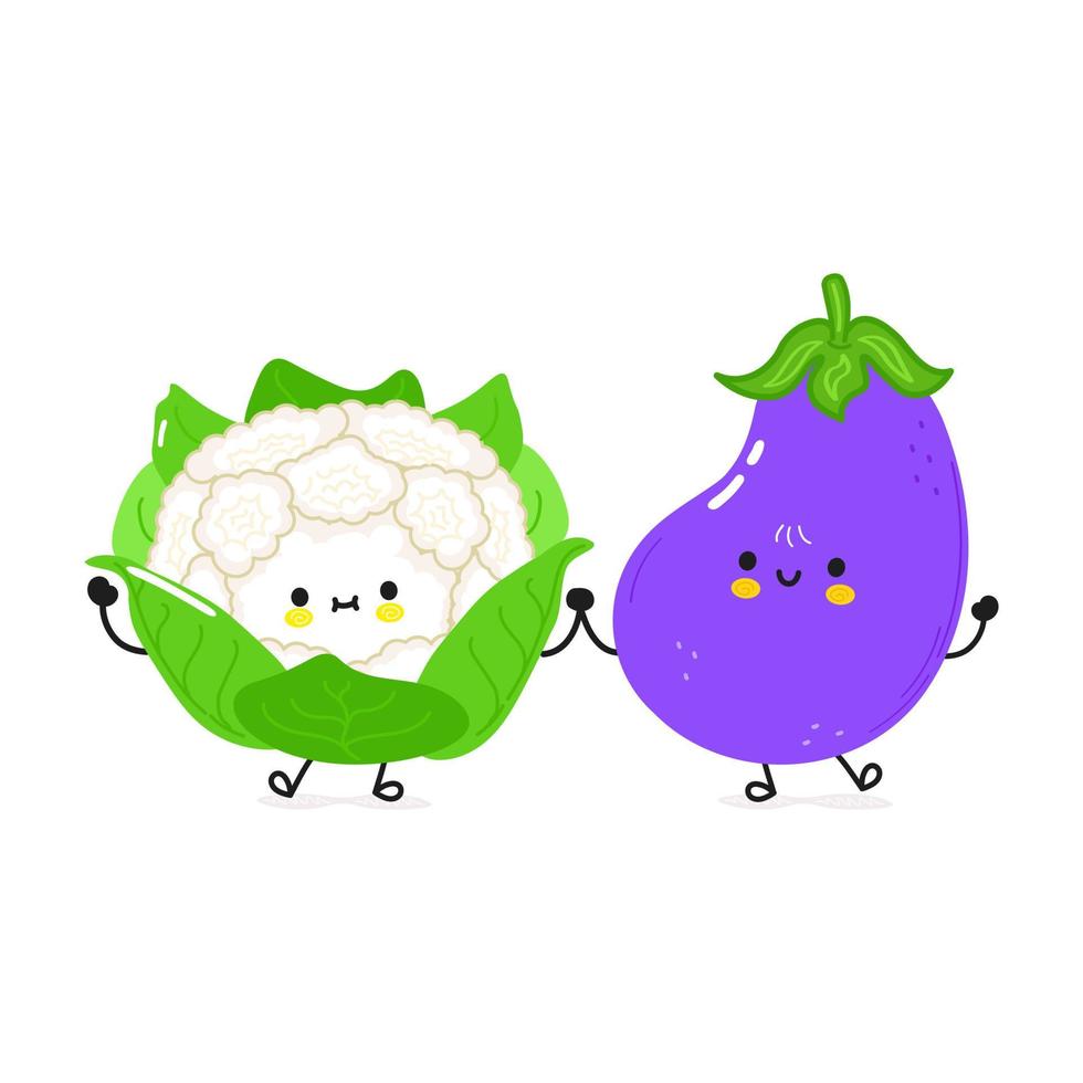 Eggplant and cauliflower card. Vector hand drawn doodle style cartoon character illustration icon design. Happy eggplant and cauliflower friends concept card
