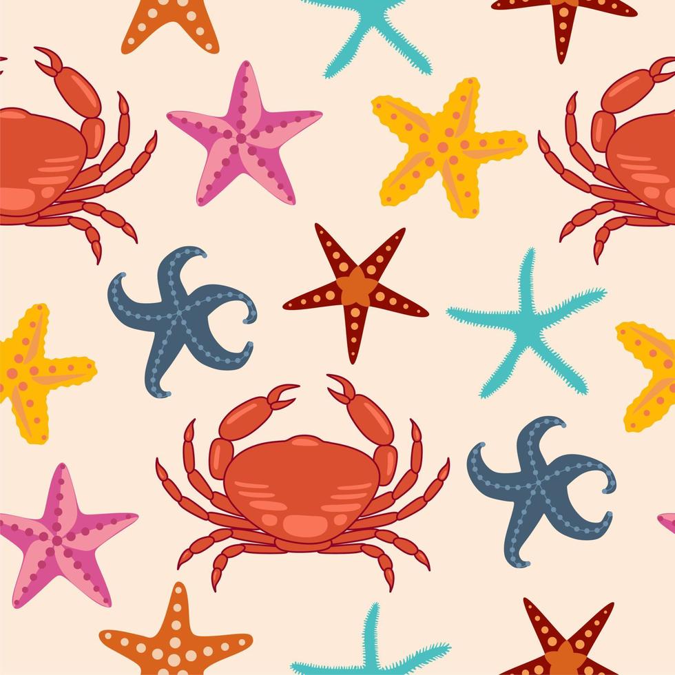 Seamless pattern with crabs and seastars. Nautical children's pattern. Vector art