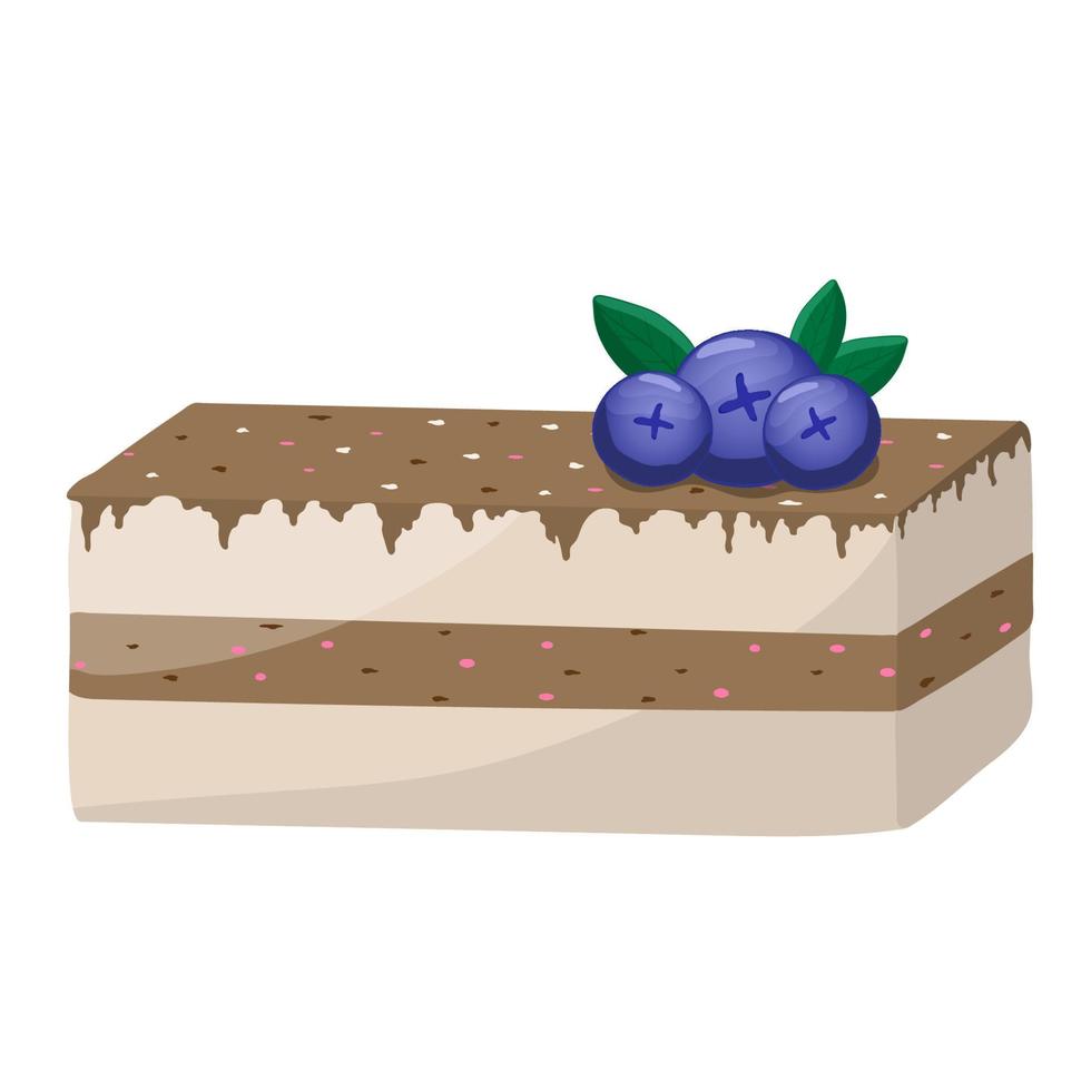 A piece of cake with chocolate frosting and blueberry crumble on a white background. Confectionery treat, brownie. vector