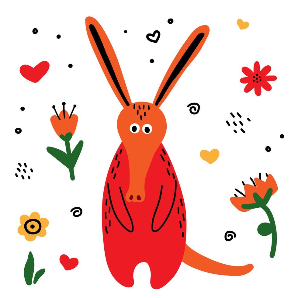 Funny red aardvark with flowers and hearts. Wild animals with flowers, hearts, dots. Stickers for kids vector