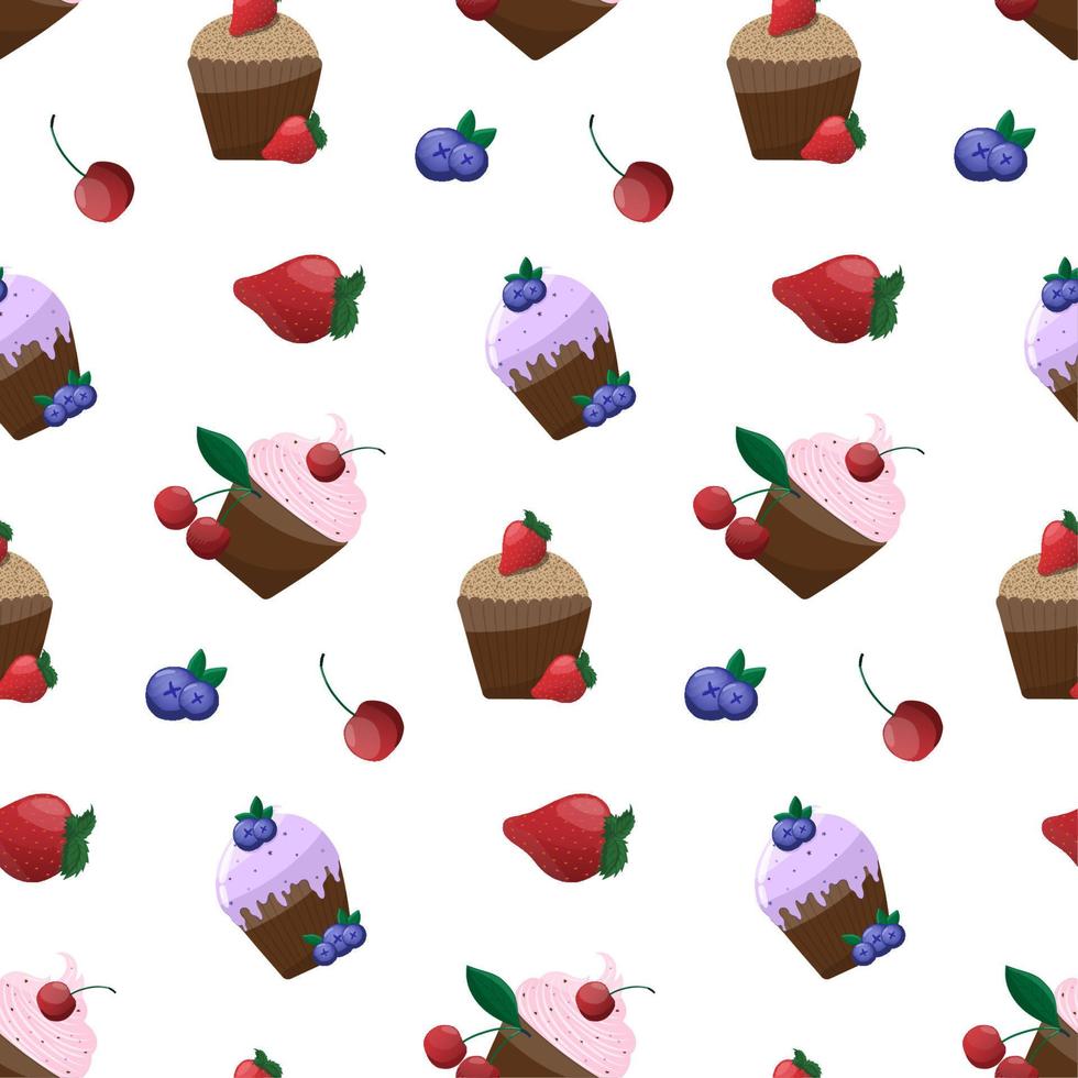 Seamless background with sweet tasty cupcakes with berries. Wrapping paper, birthday vector