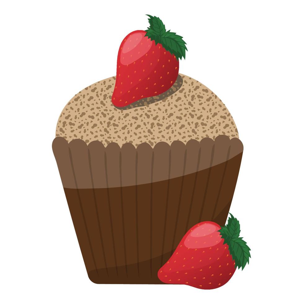 Chocolate cupcake with strawberries. Delicious dessert, confectionery cake. vector