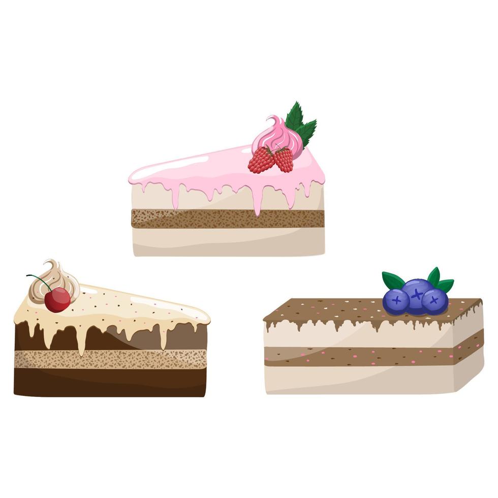 Set of three sweet tasty cakes with berries on white. Confectionery treat, brownie. Chocolate, blueberry, strawberry, cherry, mint, raspberry vector