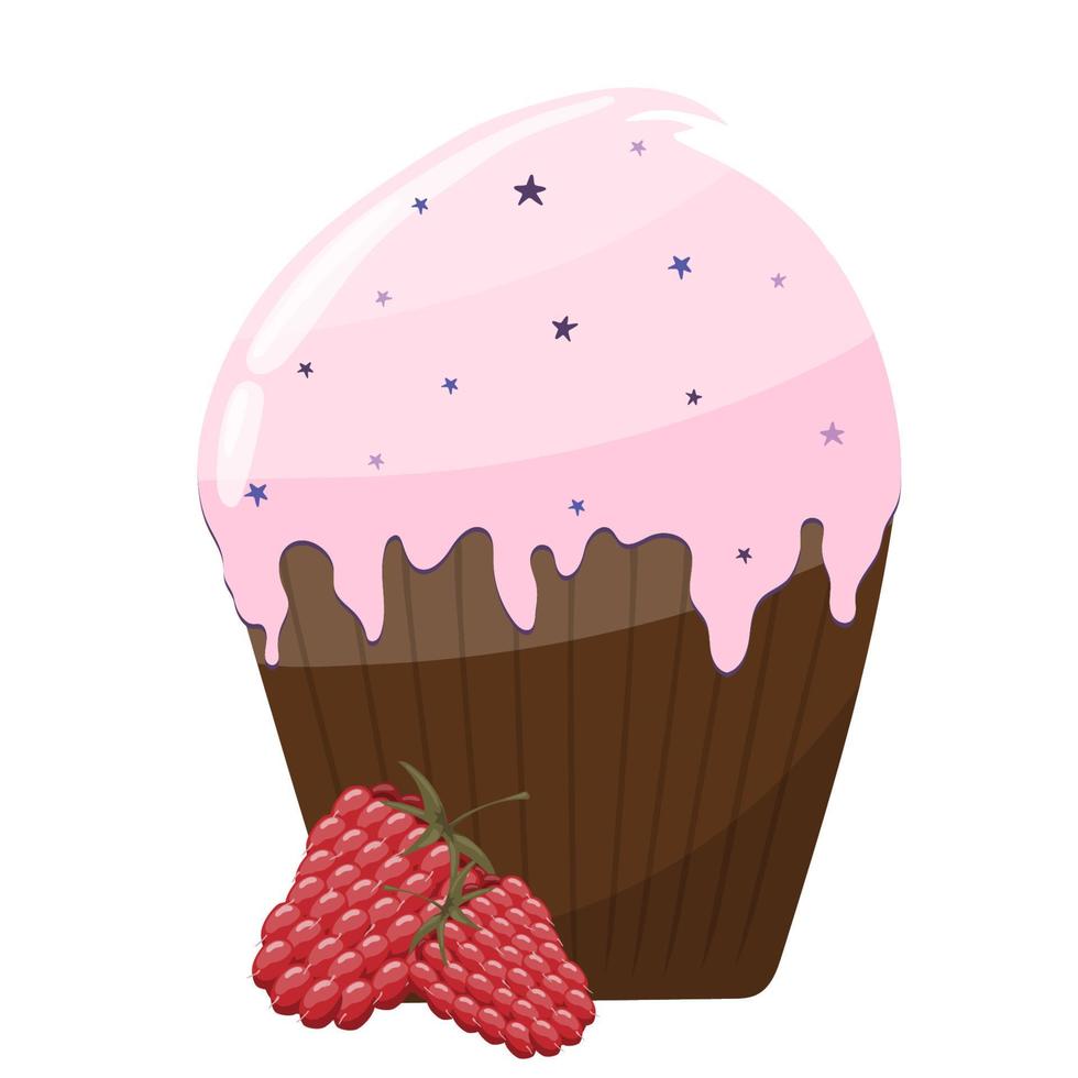 Cupcake with a parcel with stars and raspberries. Delicious dessert, confectionery cake. vector