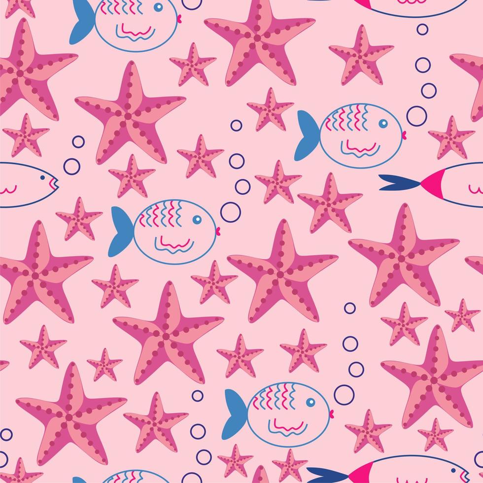 Cartoon sea animals background. Seamless pattern with cute funny starfish. Pink background. vector