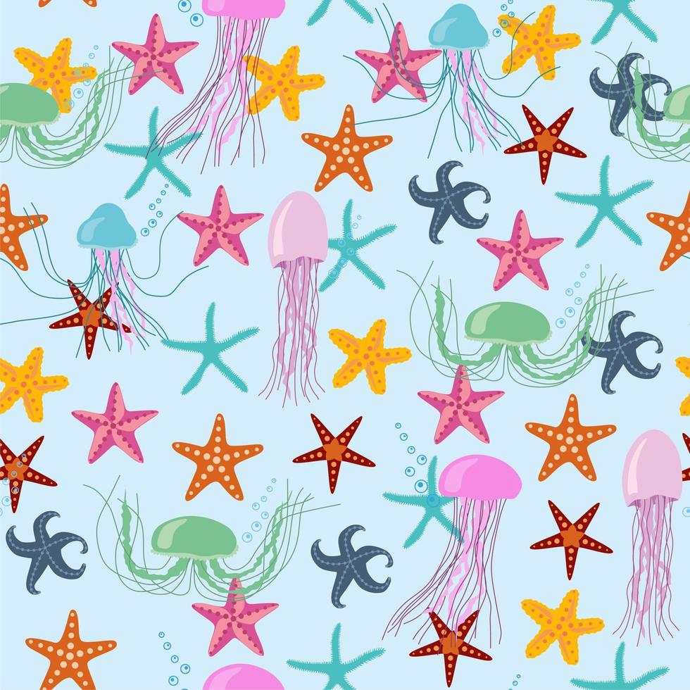 Seamless vector pattern with jellyfishes and seastars. Cute texture for fabric, wrapping, textile, wallpaper, apparel.