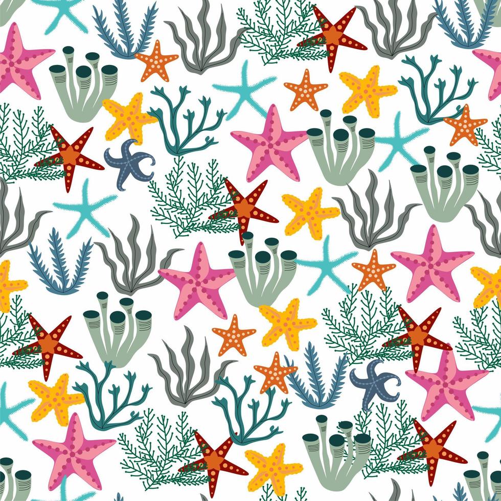 Beautiful seamless vector tropical pattern with corals, seaweed and sea stars.