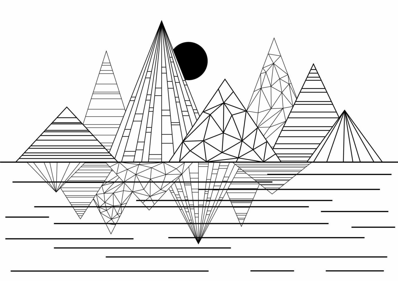 Mountains and sun , modern minimal style .Triangle Logo with lines. Vector stripes .Geometric shape.