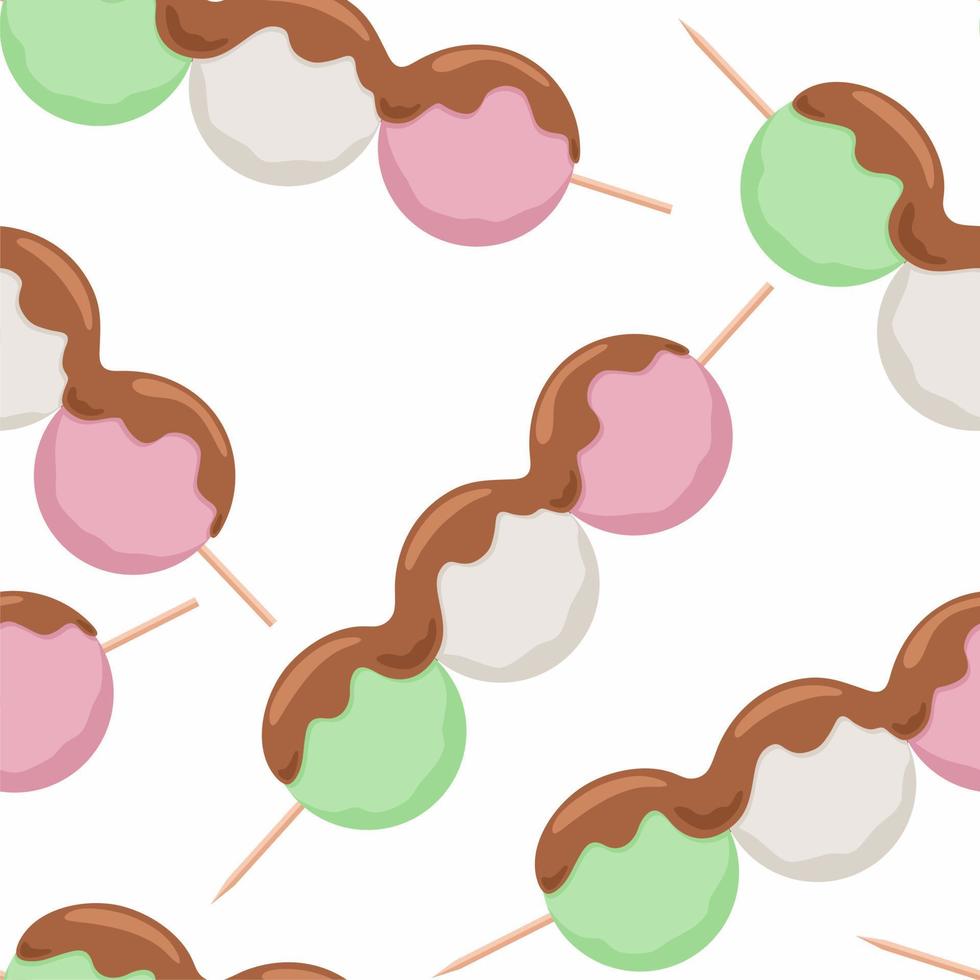 Seamless pattern background with Dango Japanese sweet dumpling dessert. Pink, white, green 3 balls served vector
