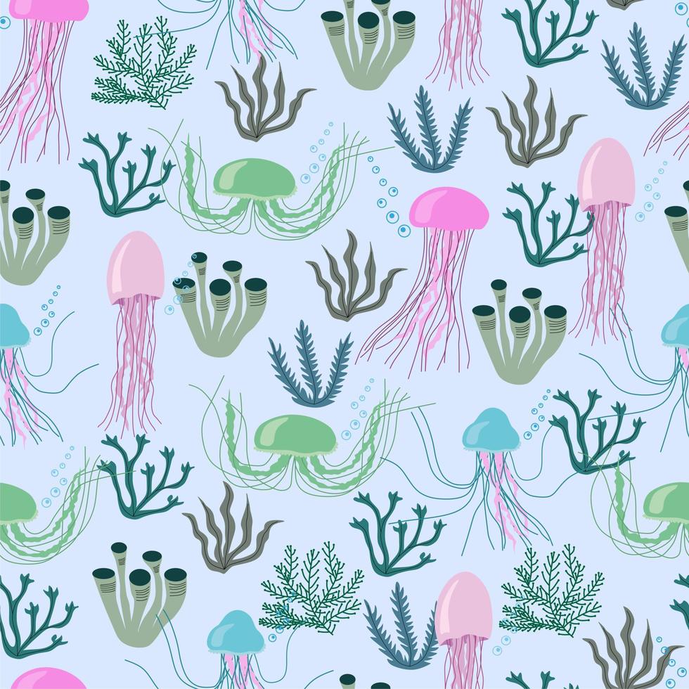 Seamless pattern of underwater life with cute jellyfishes, corals. Endless texture with ocean plants. vector