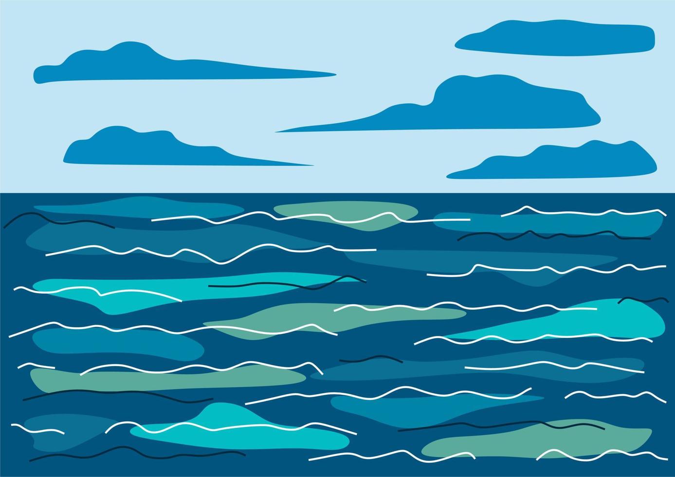 Vector horizontal landscape background with mountains, sea and clouds in a simple modern style