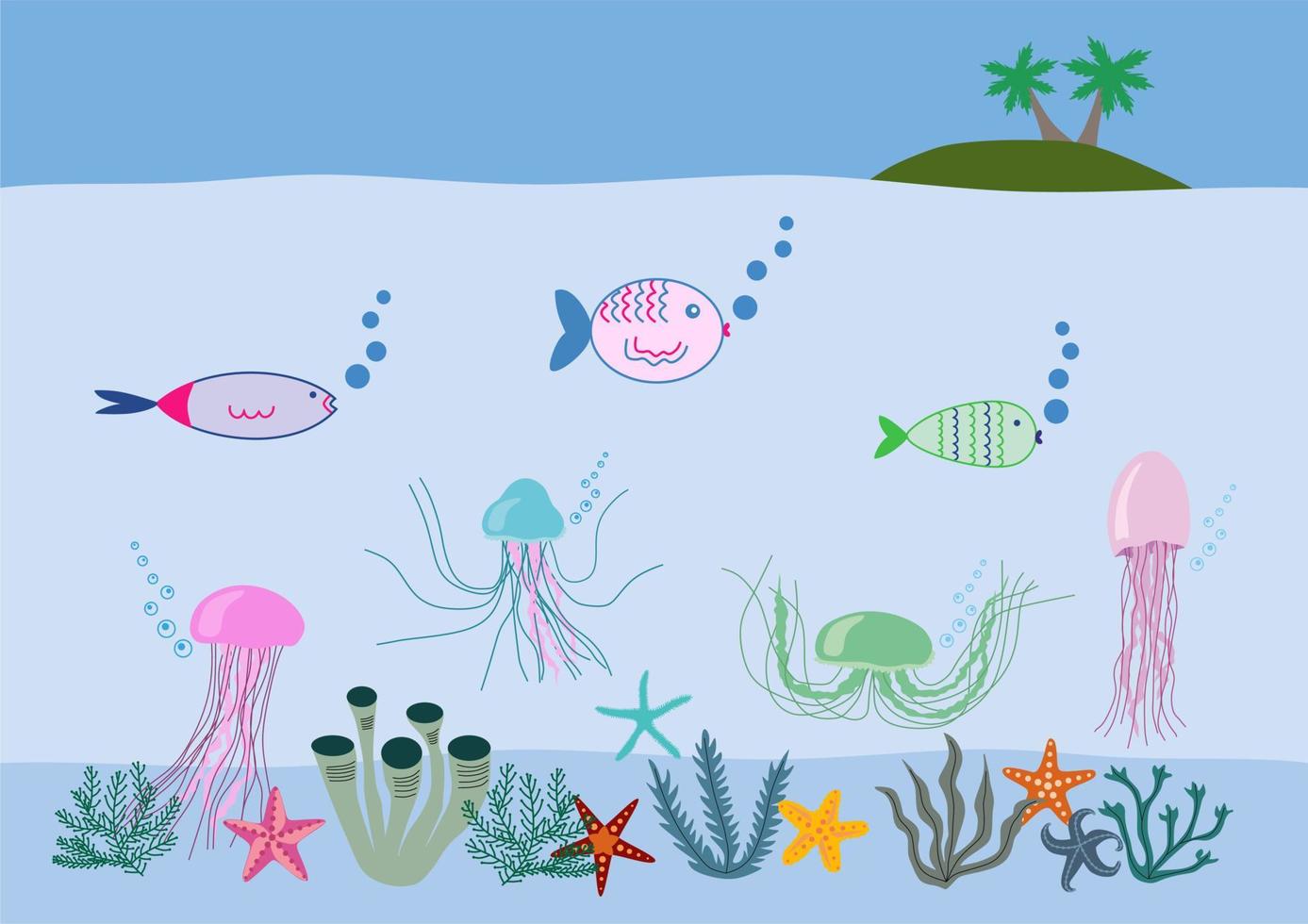 Cartoon Sea Underwater Nature Scene Color Background Web Flat Design with Fish, Seaweed, jellyfish, seastars and Sand vector