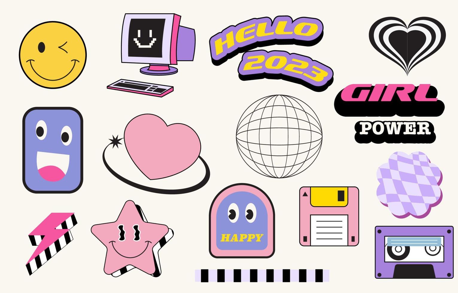 90s objeto diseño en popular y y2k estilo con emojis, estrella, cinta vector