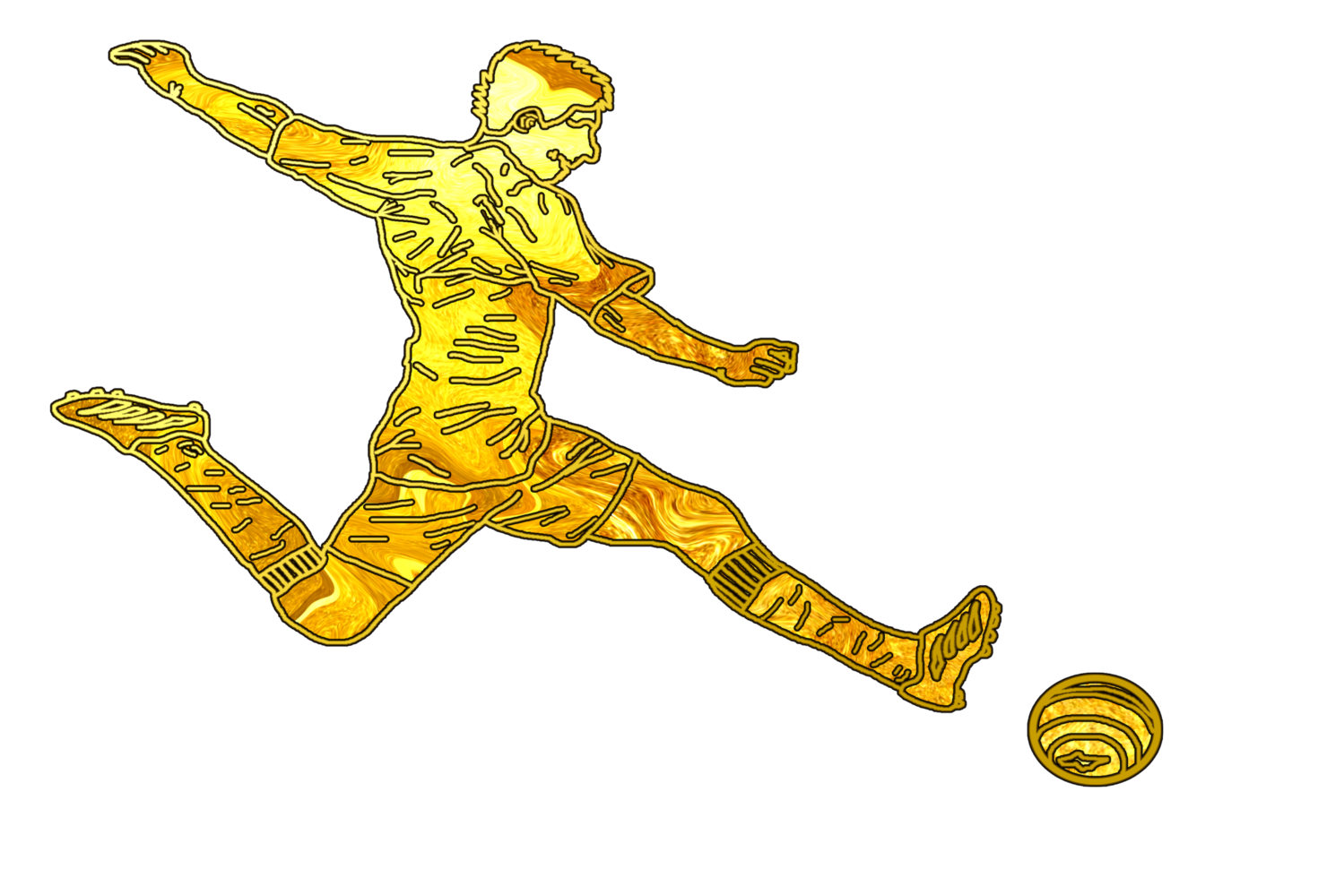 icon golden color of soccer player running and kicking a ball png