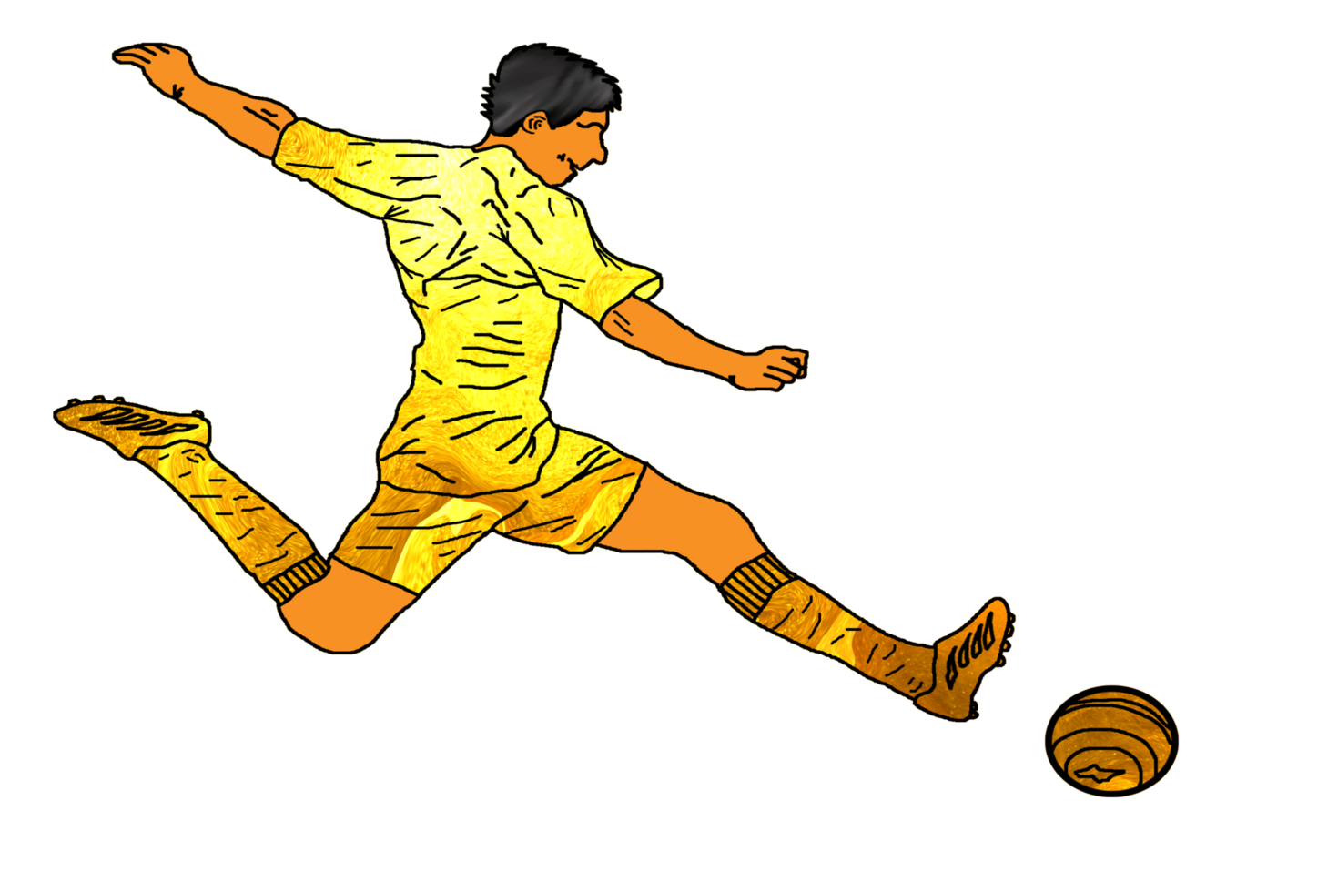 icon golden color of soccer player running and kicking a ball png