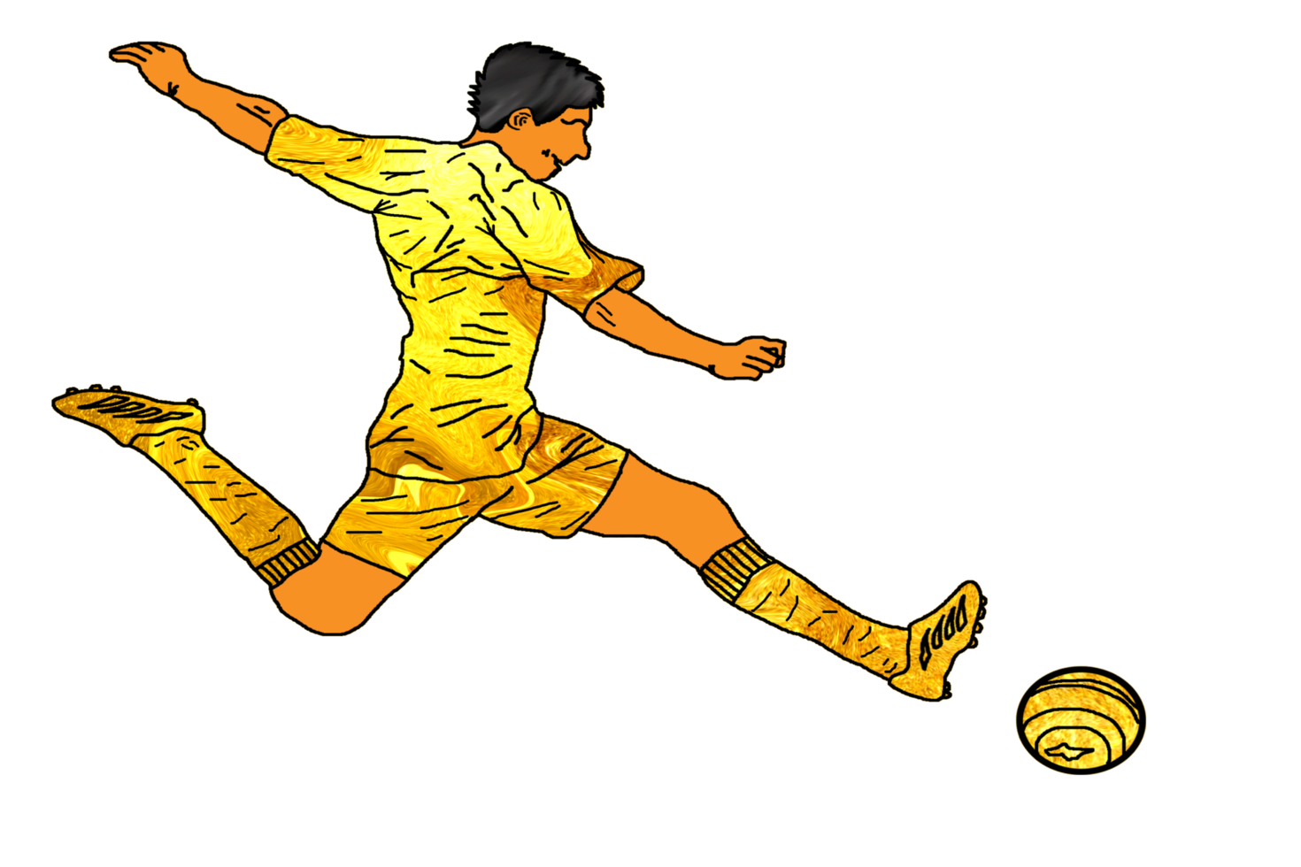 icon golden color of soccer player running and kicking a ball png