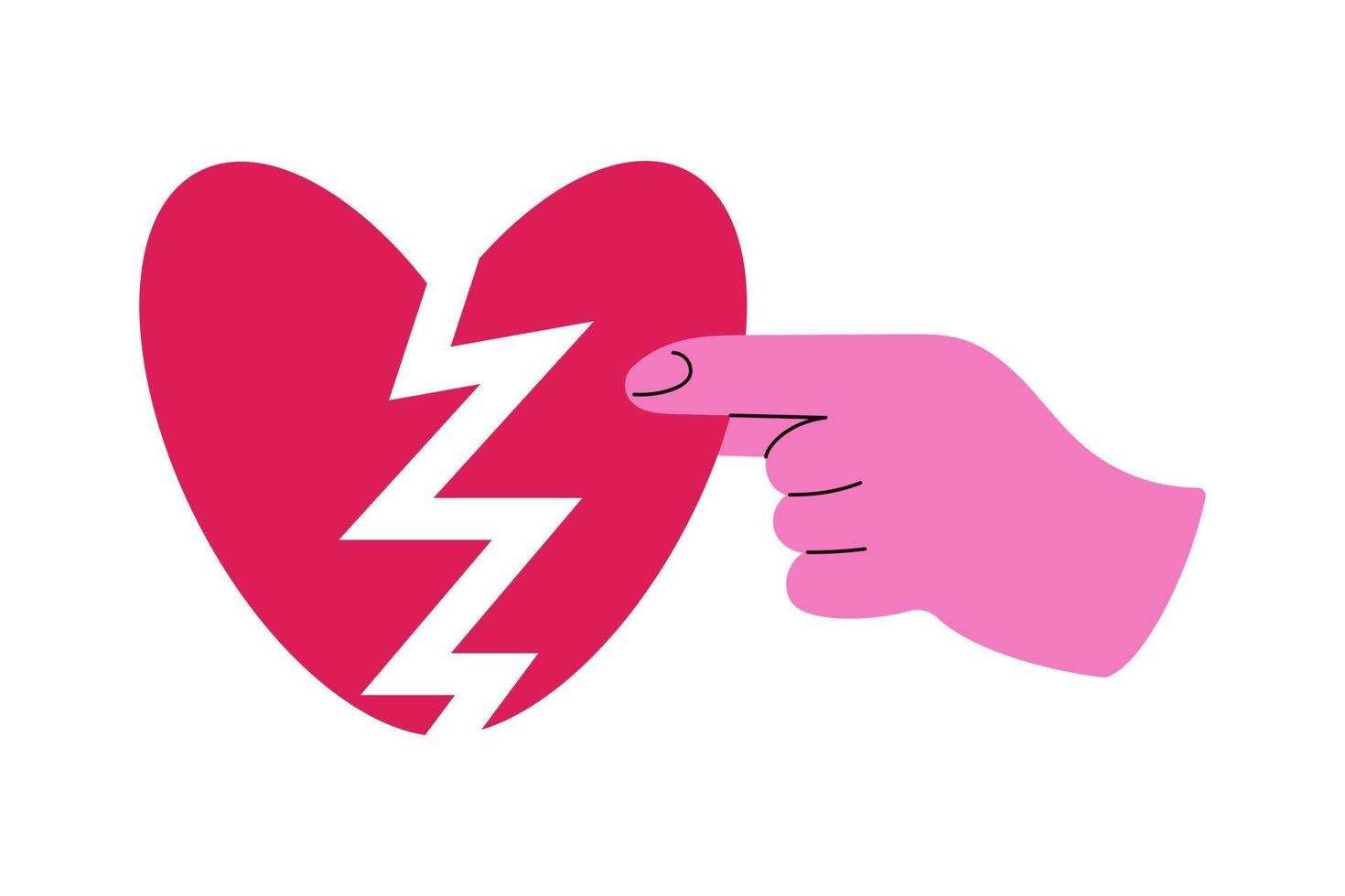 Human hand connects halves of broken heart. Reconciliation concept. Red broken heart. Restore love. Broken heart, recovery. Vector illustration