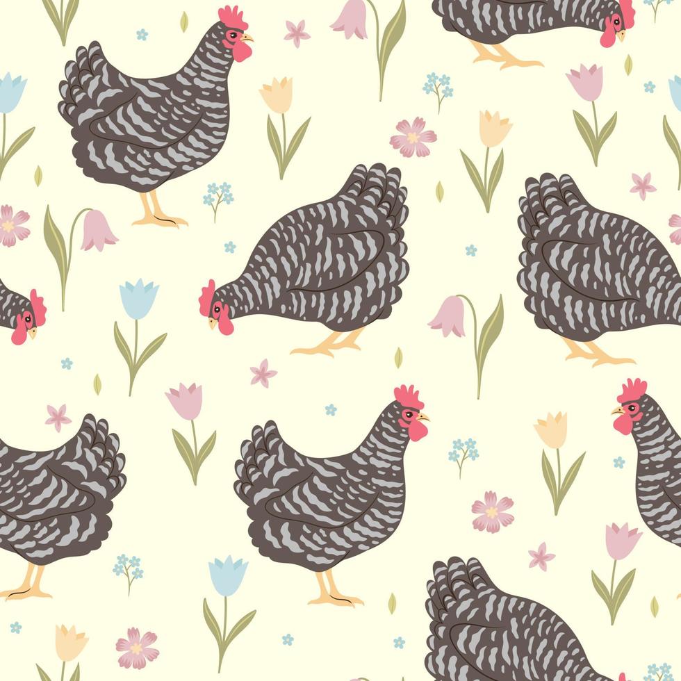 Seamless pattern with cute pockmarked chickens and flowers. Vector graphics.