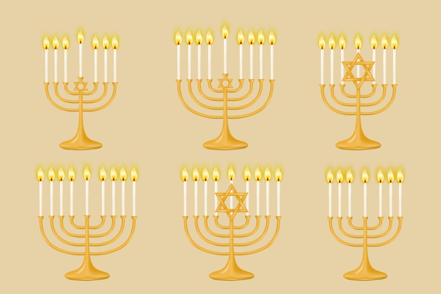 Set of gold Hanukkiah menorah for seven and nine candles on a beige background. Menorah with candles. Perfect for your holiday designs. Vector illustration.