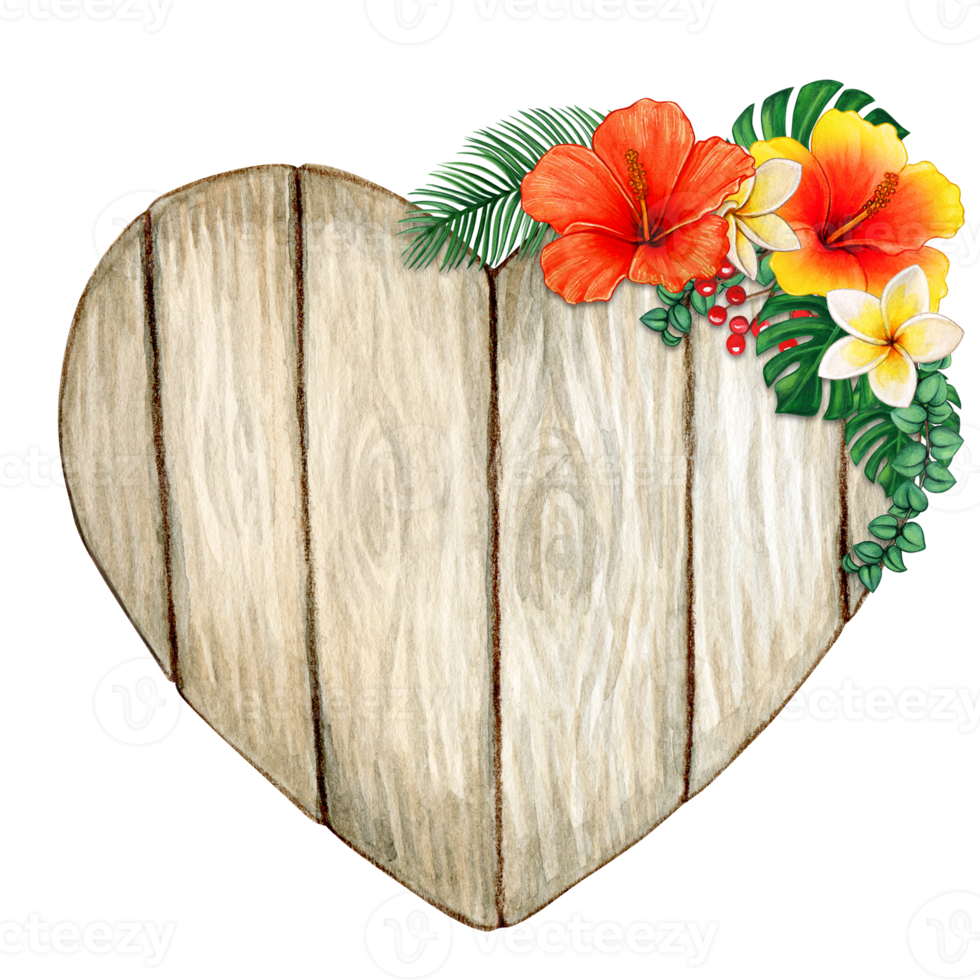 Watercolor heart shaper wooden tropical sign png