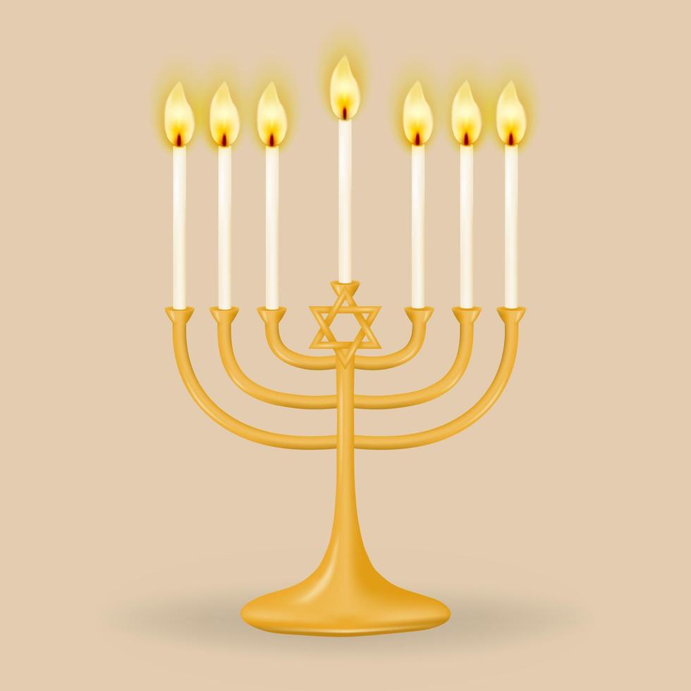 Menorah for seven candles. Gold Ganukkah menorah for seven candles. Vector illustration.