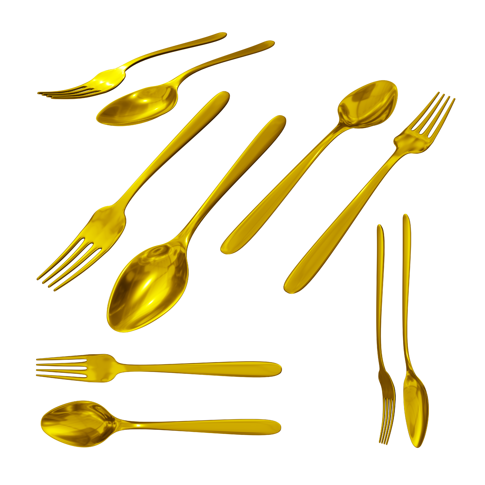 3d rendering of clean and shiny golden iron spoon and fork from various