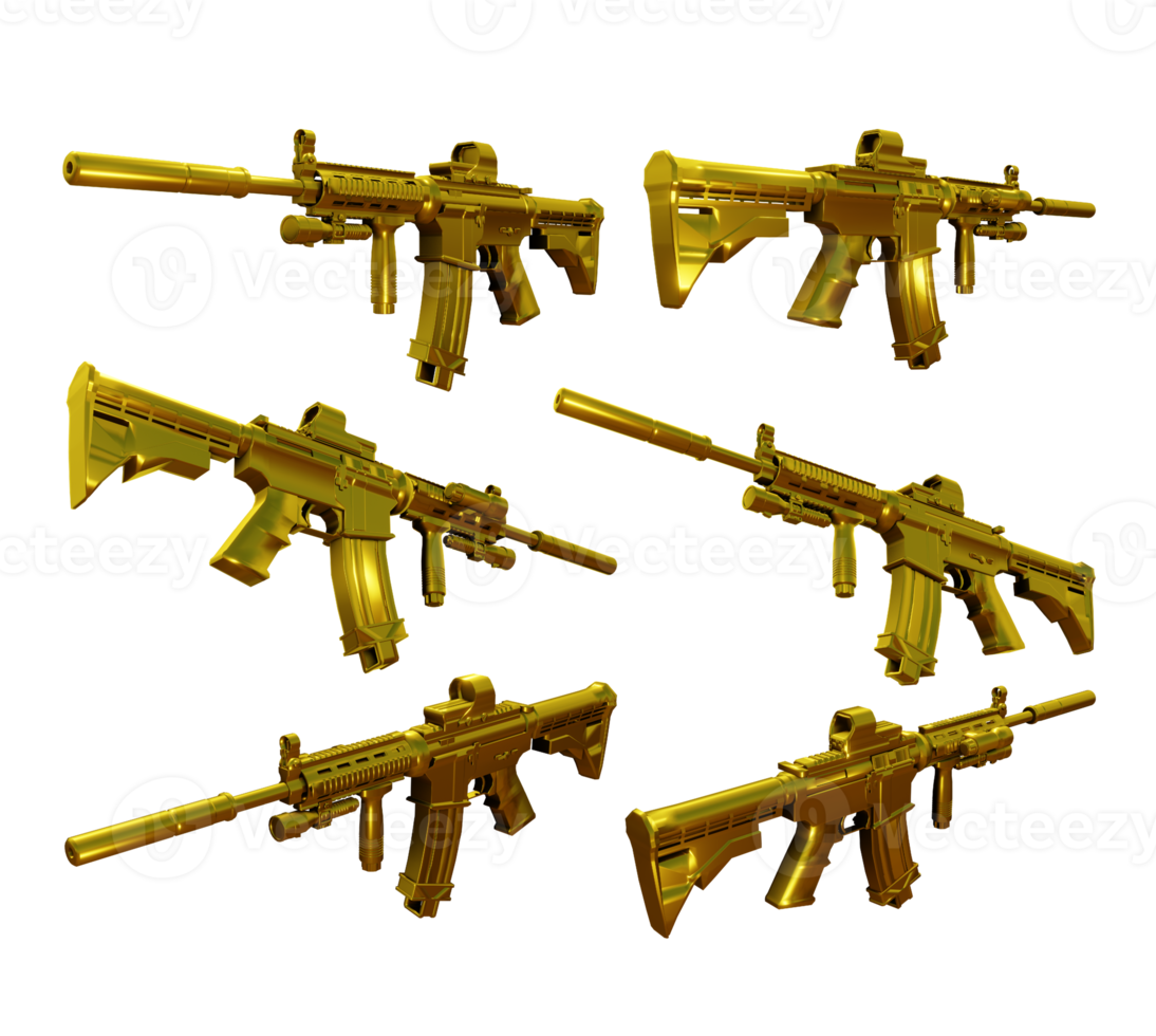 3d rendering gold golden battle rifle war semi automatic machine gun from various view perspective png