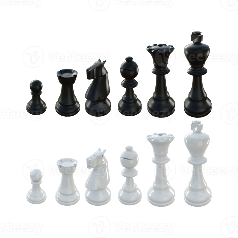 3d rendering black and white chess pieces pawn rook knight bishop queen king perspective view png