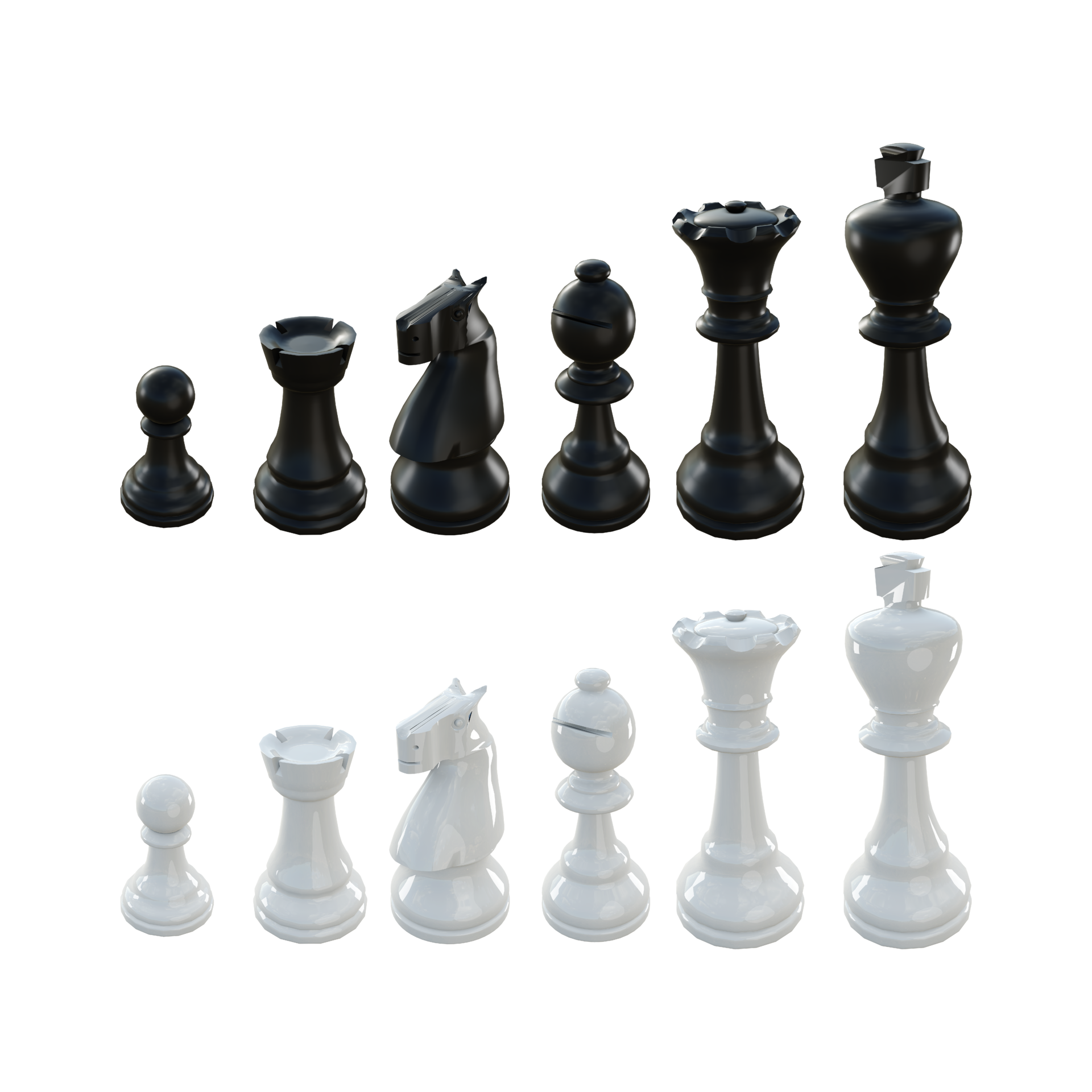 3d rendering black and white chess pieces pawn rook knight bishop