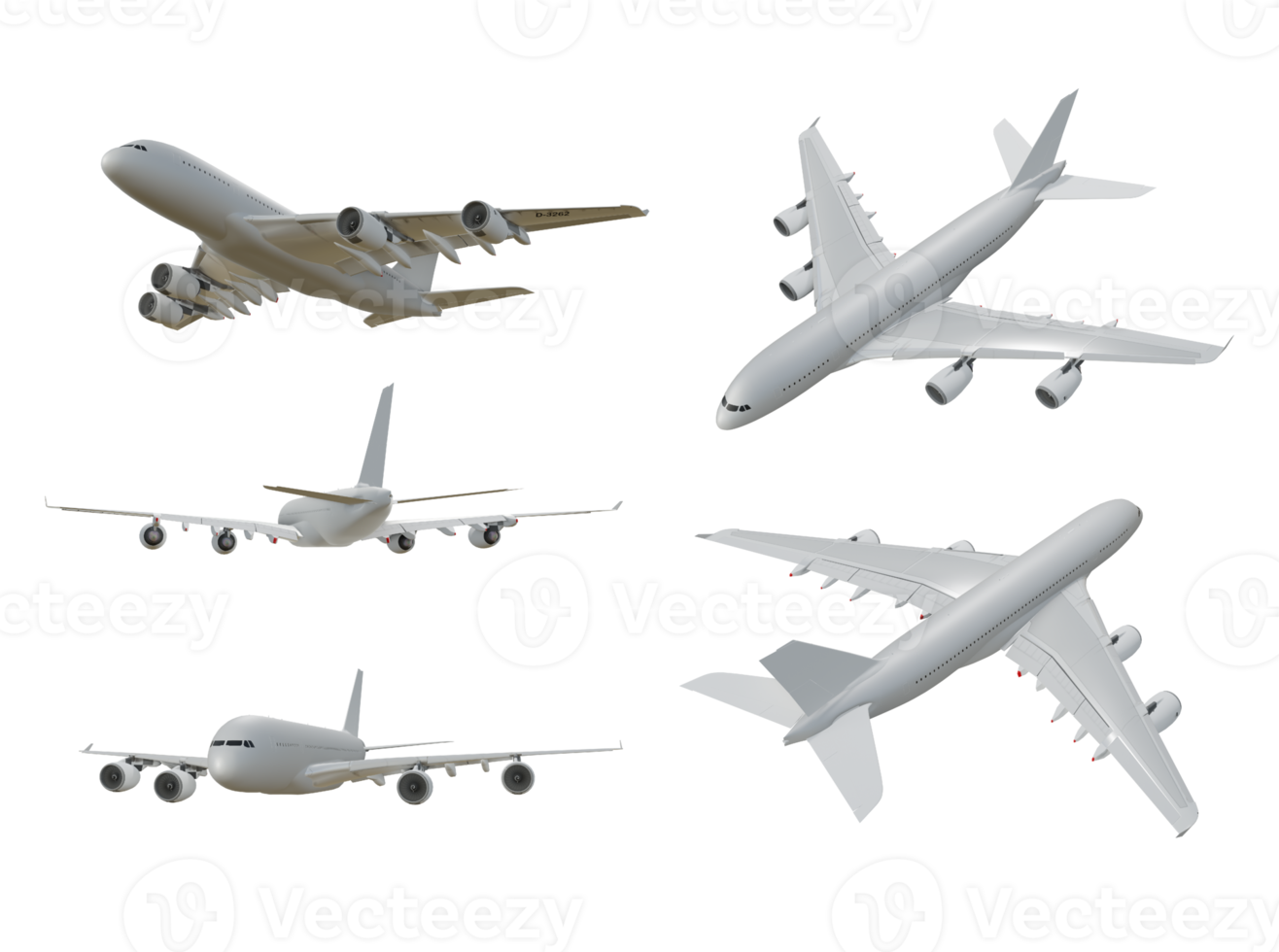 3d rendering of a clean white commercial airplane from various perspective angles png