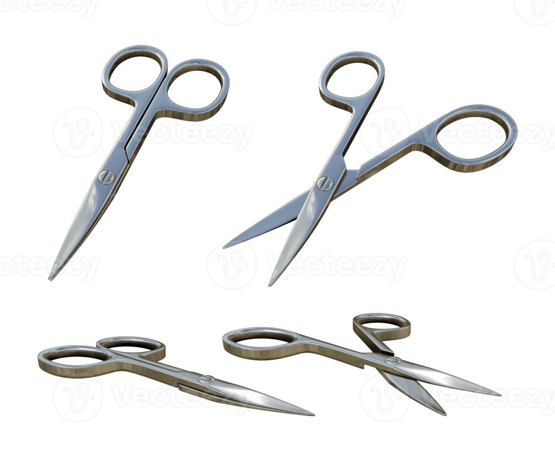 3d Renderização do brilhante limpar \ limpo aberto e fechar prata tesouras a partir de múltiplo ângulos perspectiva png