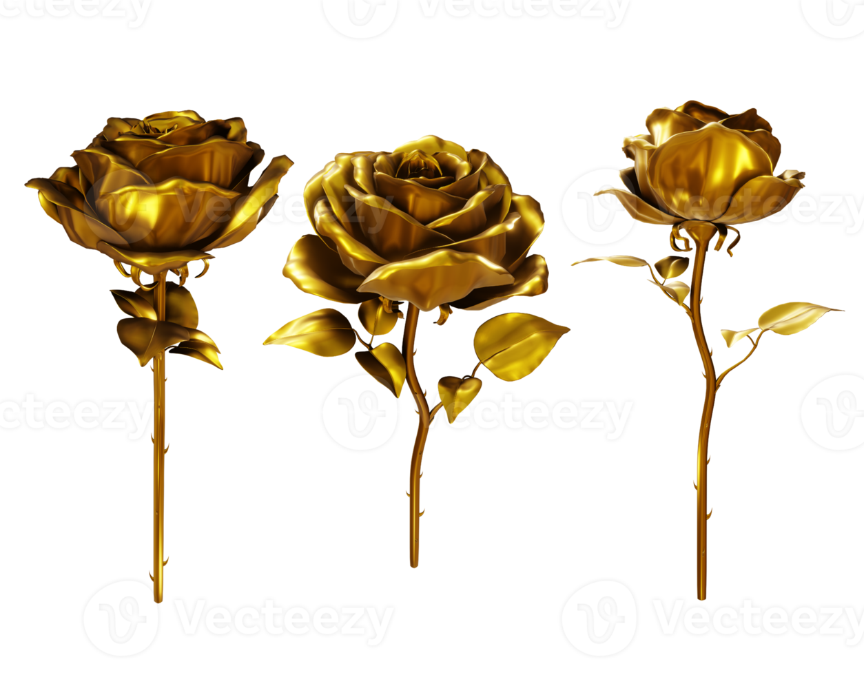 3d Rendern von ein Rose Blume im glänzend sauber Gold Farbe von verschiedene Perspektive Aussicht png